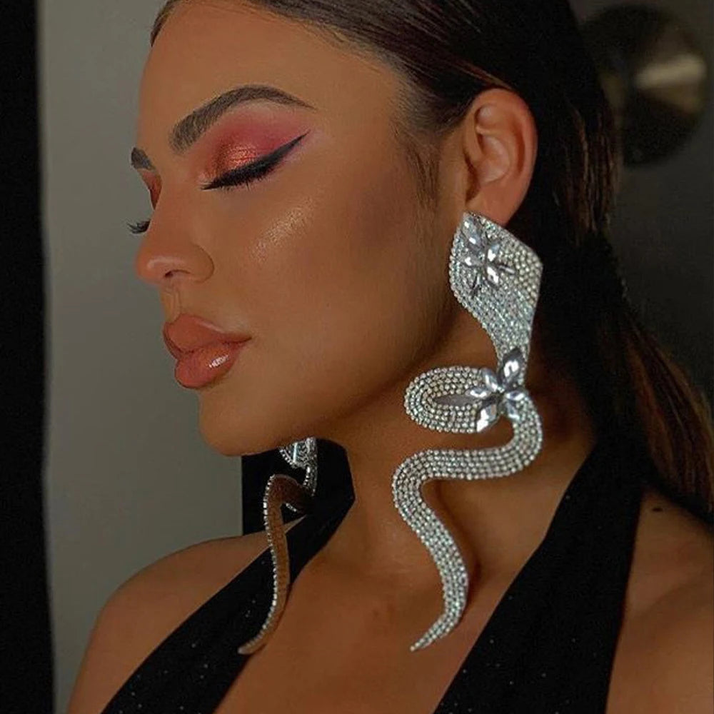 Exaggerate Design Blue Crystal Snake Earrings Dress Party Accessories Elegant Rhinestone Tassel Dangle Earrings Women Jewelry