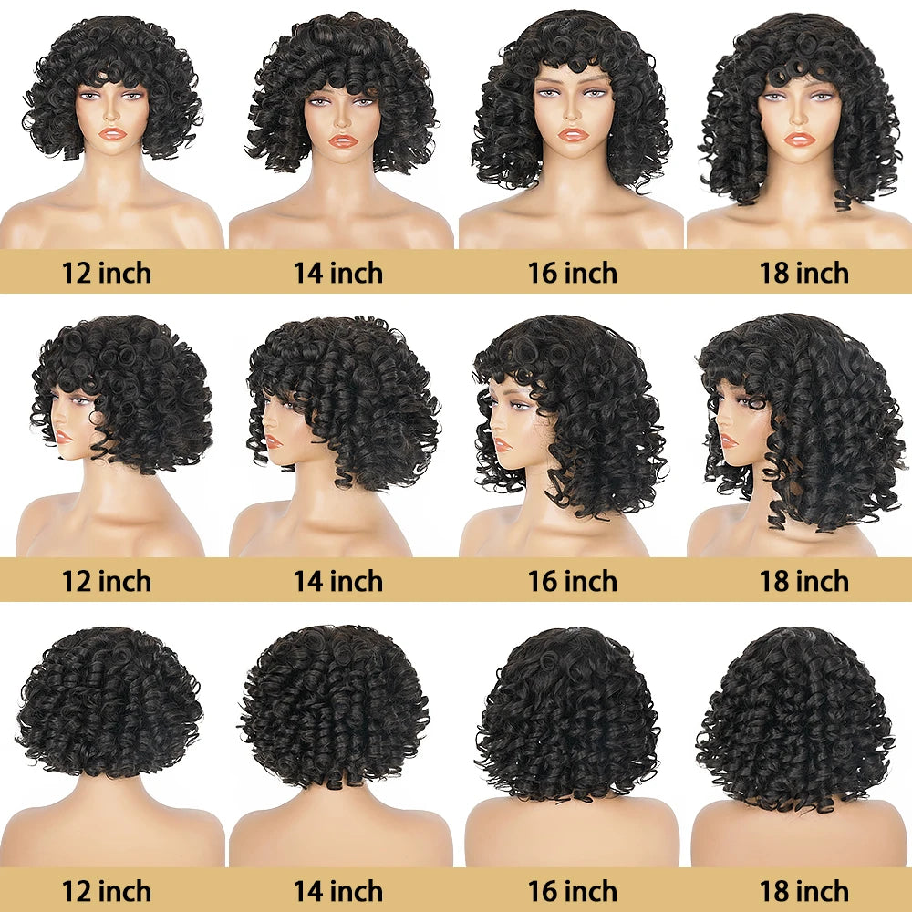 Bob Wig with Bangs Afro Bouncey Kinky Curls Brazilian Virgin Human Hair Glueless