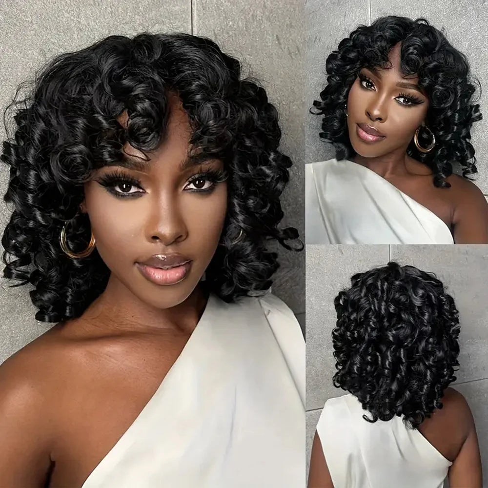 Bob Wig with Bangs Afro Bouncey Kinky Curls Brazilian Virgin Human Hair Glueless