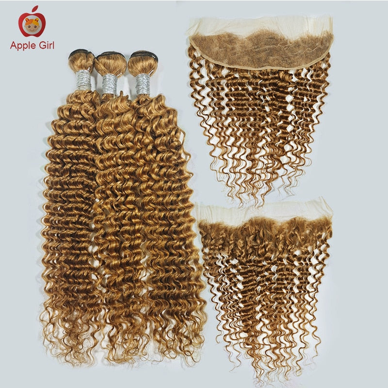 Honey Blonde Deep Wave Bundles With Frontal #27 Color Transparent Lace Frontal With Hair Bundles Brazilian Remy Hair