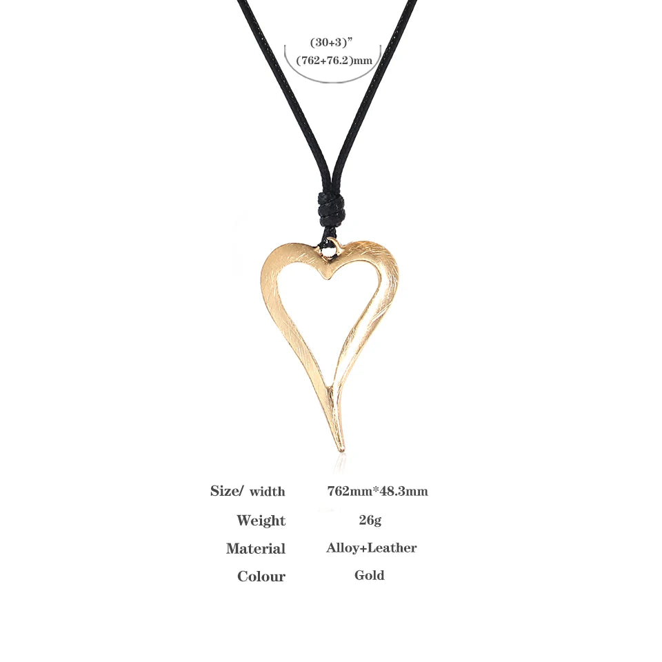 Gold Color Large Abstract Hollow Heart Pendant Collares Long Black Leather Statement Necklace