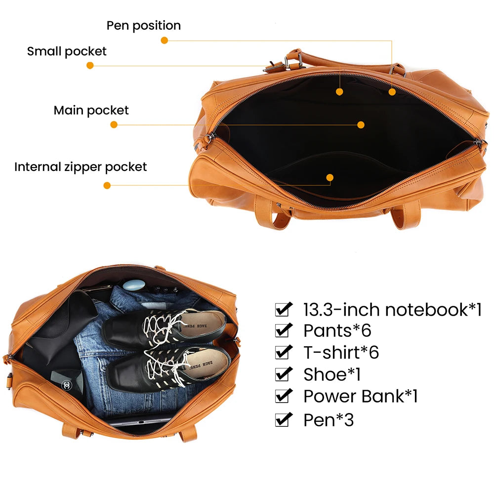 JOJUJOS Genuine Leather Travel Luggage Bag for Men Women Duffel Cowhide Shoulder Weekend Bag Large Capacity Overnight Handbag