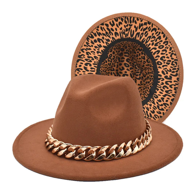 Luxary Fashion Women Fedora Hats Wide Brim Thick Gold Chain Band Felted Hat Jazz Cap Winter Autumn Panama Camel Hats Sombreros