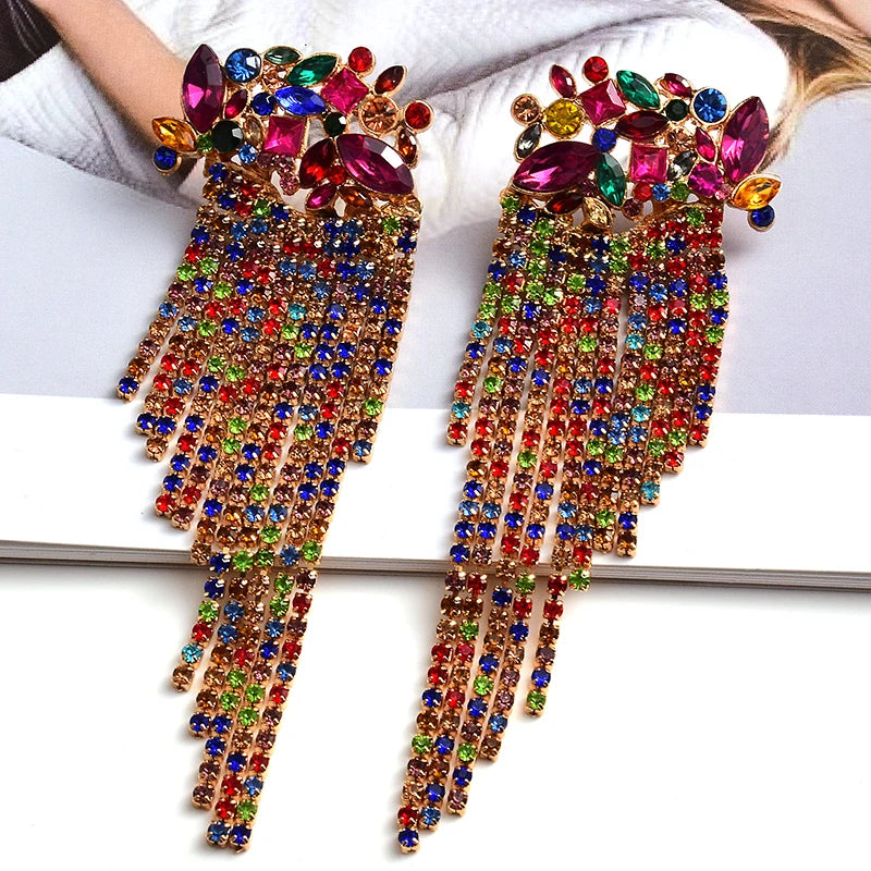 Long Colorful Crystal Chain Tassel Drop Earrings