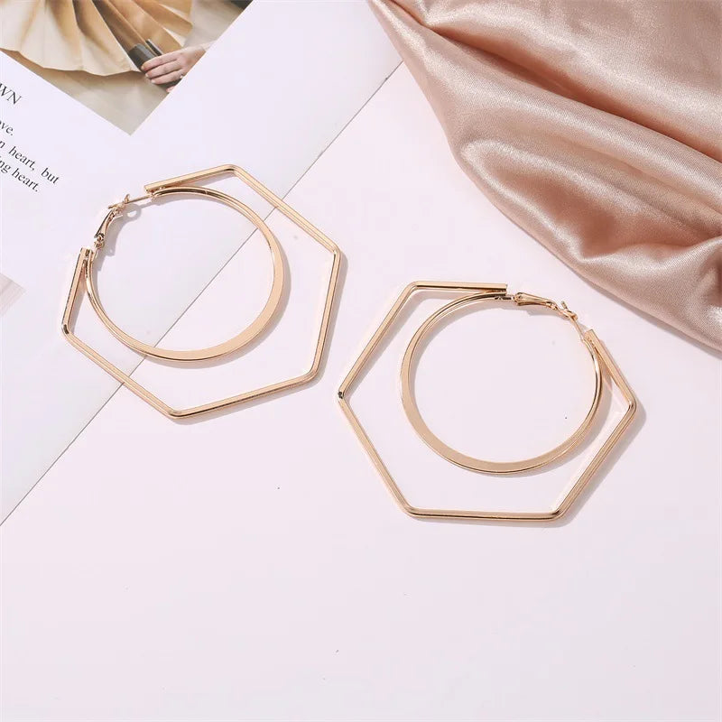 Big Hexagon Round Hoop Earrings