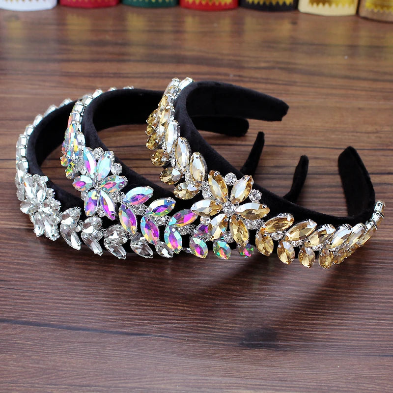 Luxury AB Crystal Leaf Baroque Headbands Rhinestone Flower Hairbands For Women Charming Hair Accessories