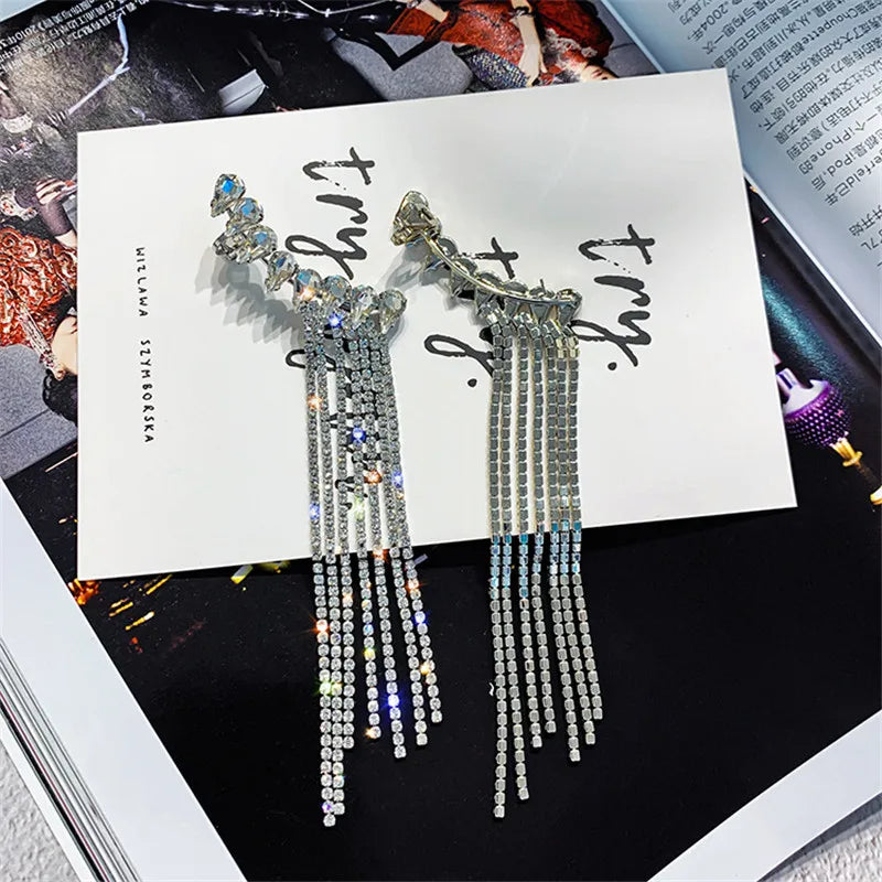 Fashion Long Tassel Full Rhinestone Drop Earrings