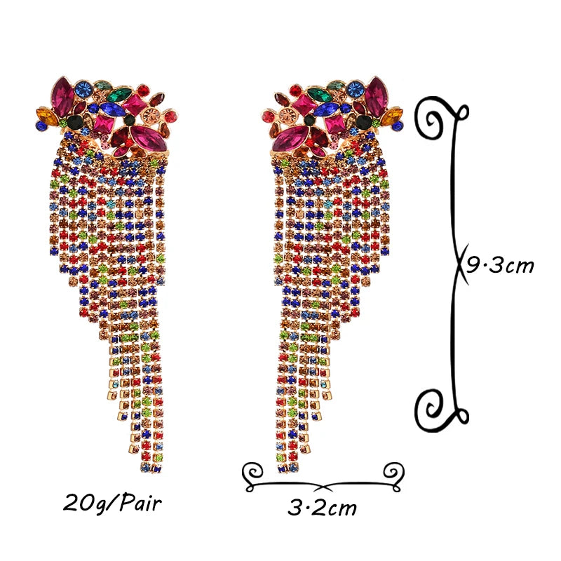 Long Colorful Crystal Chain Tassel Drop Earrings