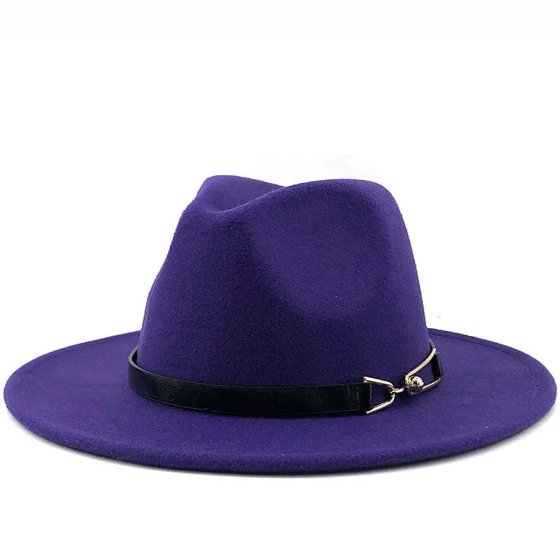 Women Winter Wide Brim Fedora Hat Black Belt With Metal Buckle Panama Fedoras Fashion Jazz Hat 56-58CM Wholesale
