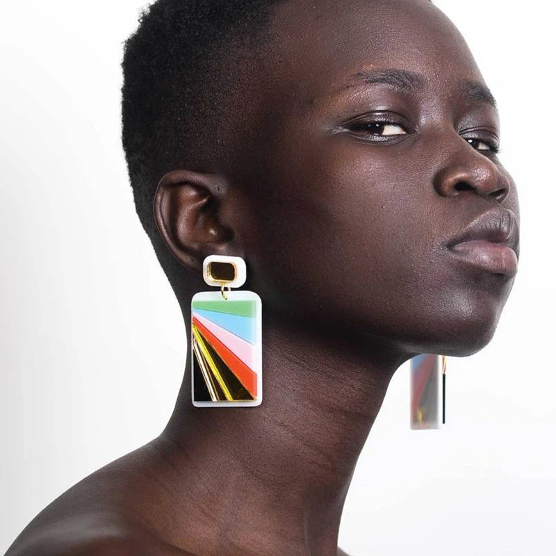 Colorful Acrylic Rectangle Geometric Stripe Large Drop Earrings