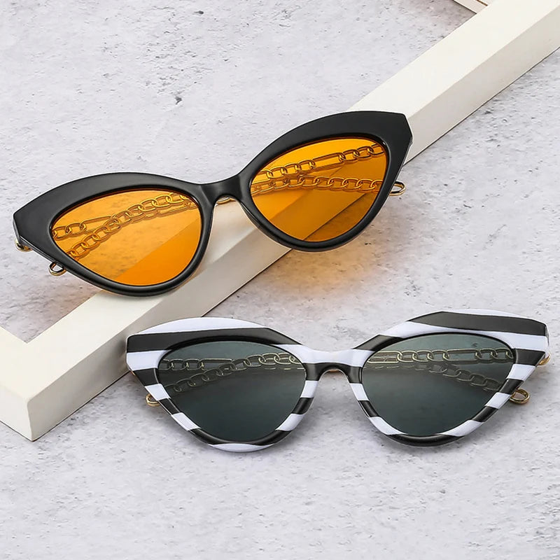 SHAUNA Retro Cat Eye Women Sunglasses Fashion Metal Chain Shades UV400 Brand Designer Men Trending Sun Glasses