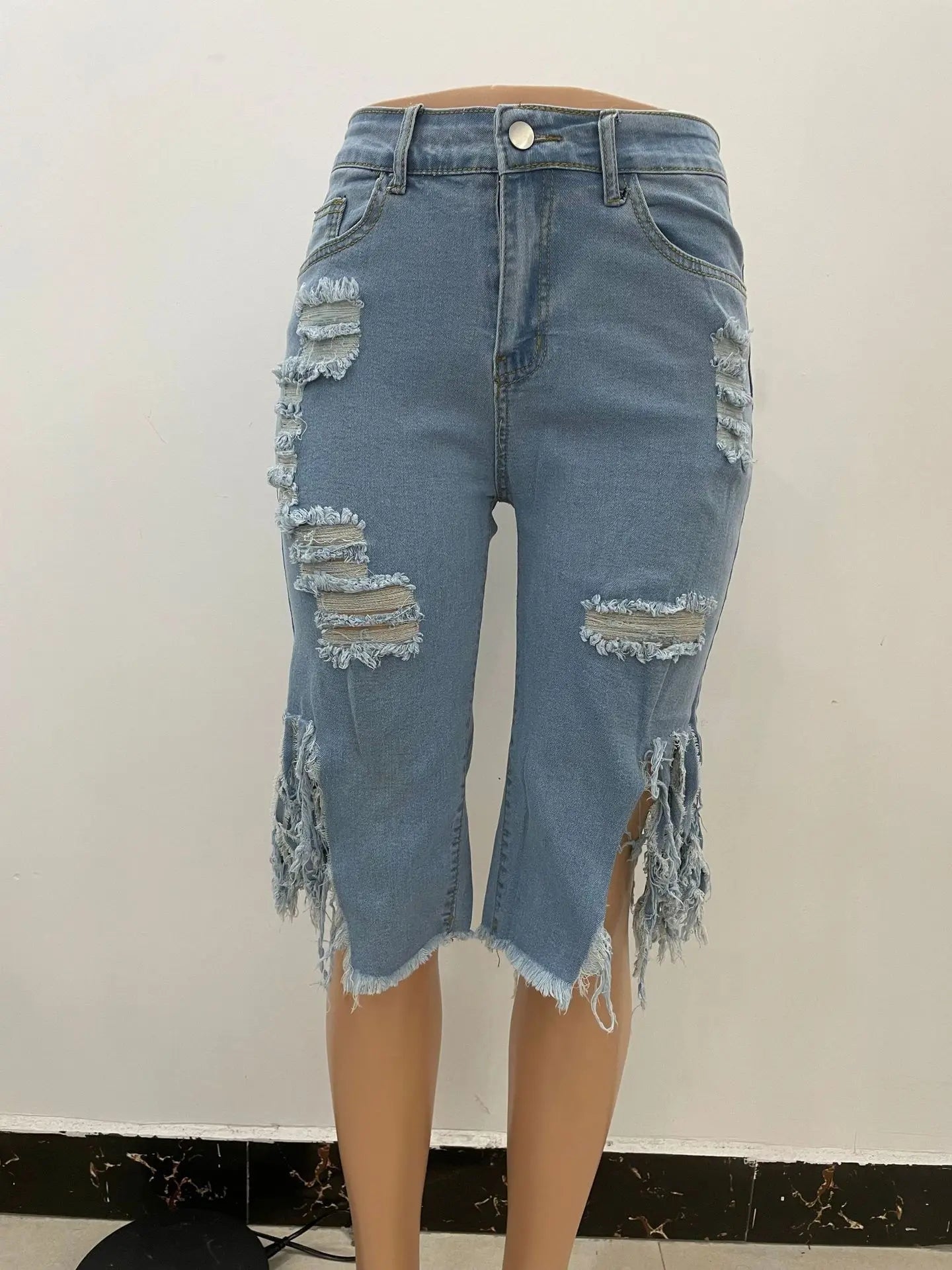 Jeans Shorts with Holes Ripped Tassle Low Waist Elastic Flare Knee Length