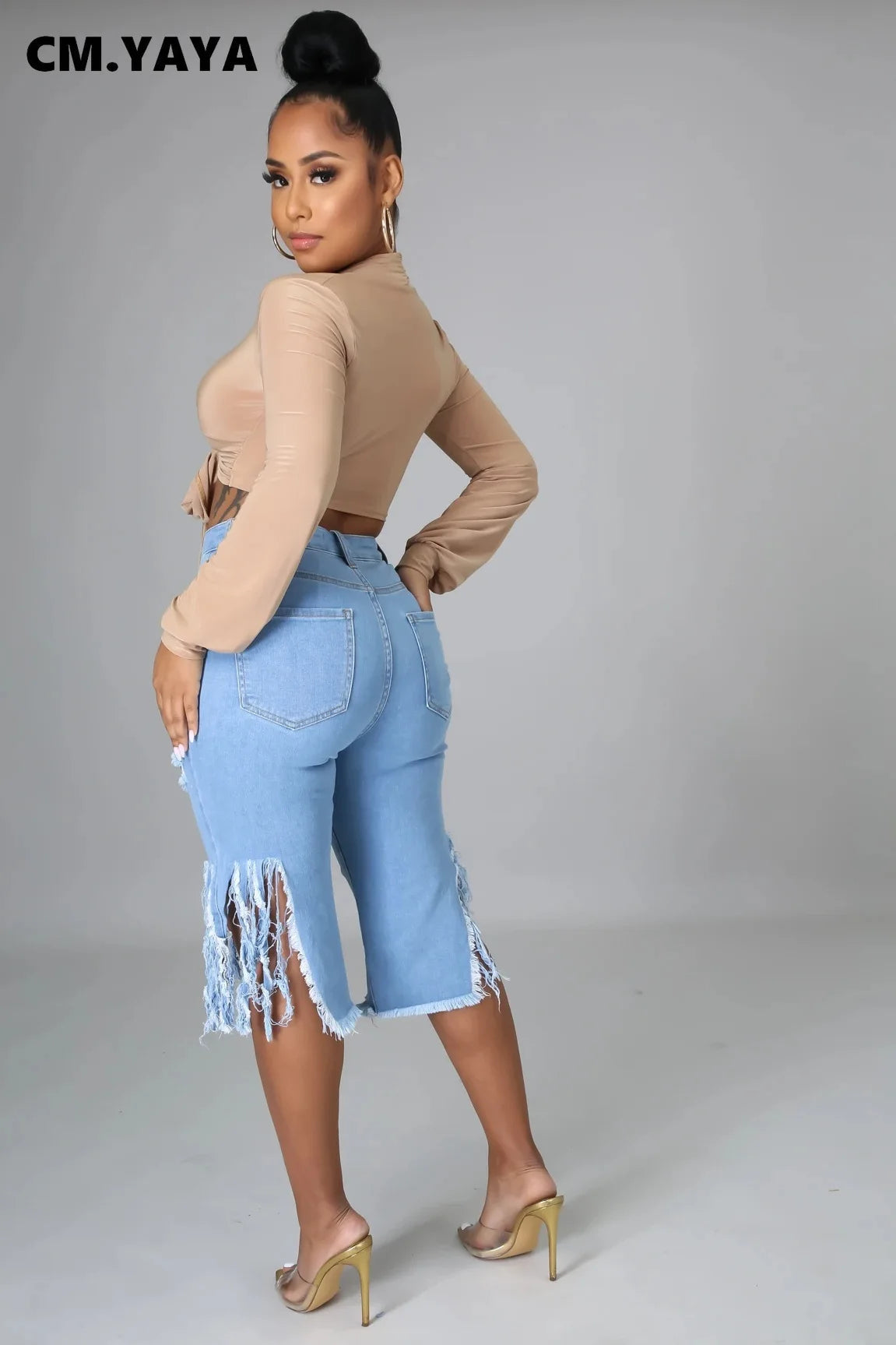 Jeans Shorts with Holes Ripped Tassle Low Waist Elastic Flare Knee Length