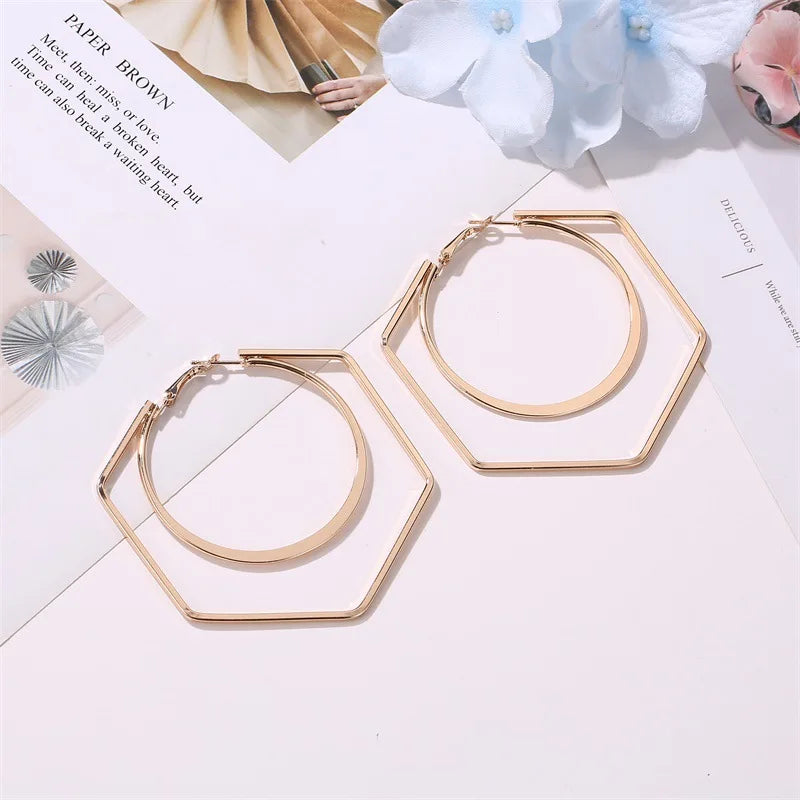 Big Hexagon Round Hoop Earrings