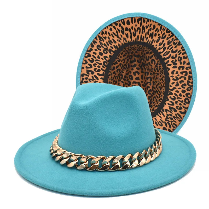 Luxary Fashion Women Fedora Hats Wide Brim Thick Gold Chain Band Felted Hat Jazz Cap Winter Autumn Panama Camel Hats Sombreros