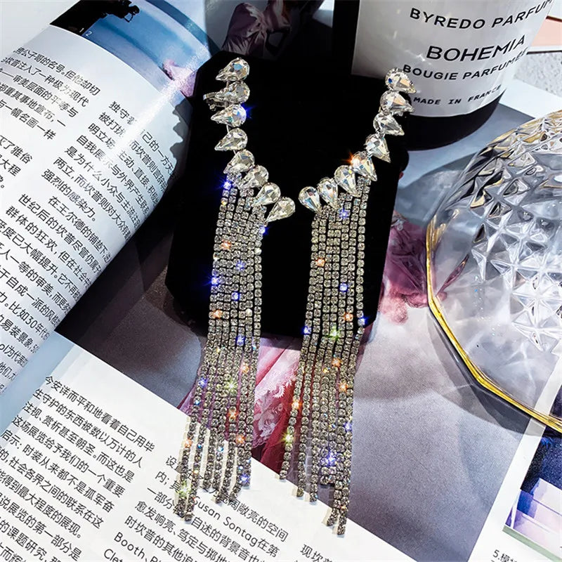 Fashion Long Tassel Full Rhinestone Drop Earrings