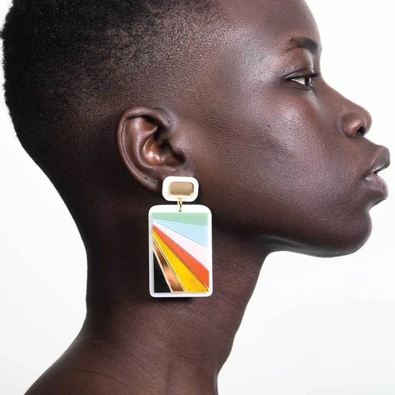 Colorful Acrylic Rectangle Geometric Stripe Large Drop Earrings