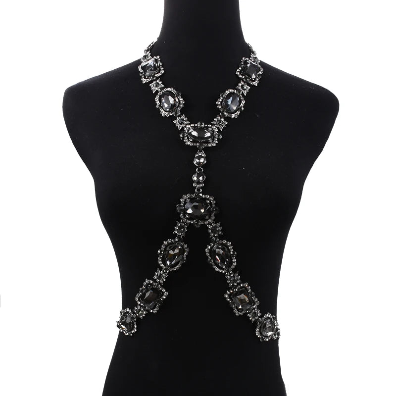 2024 New Fashion Large Glass Waist Chains Body Chains Necklace Jewelry Women Indian Statement Long Crystal Rhinestones Necklace
