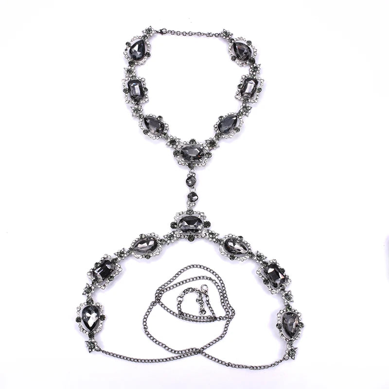 2024 New Fashion Large Glass Waist Chains Body Chains Necklace Jewelry Women Indian Statement Long Crystal Rhinestones Necklace