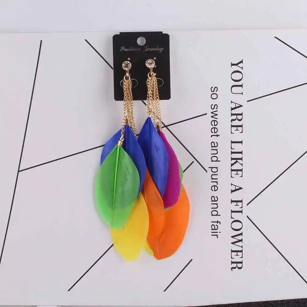 Bohemia Multicolou Feather Clip on Earrings Non Piercing