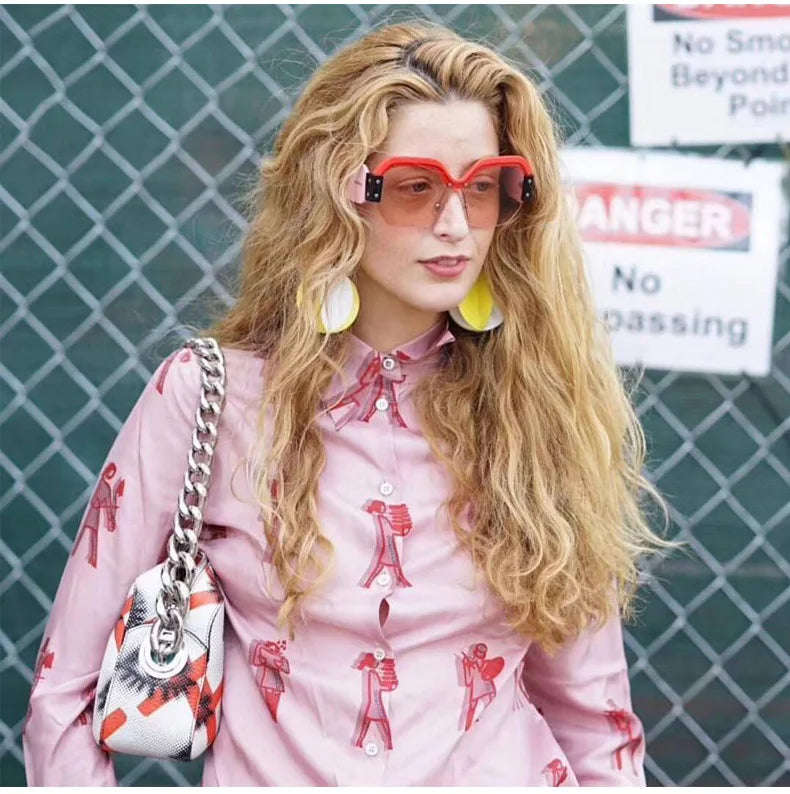 Square Sunglasses Women Cat Eye Rivet Half Frame Glasses Designer Fashion Shades