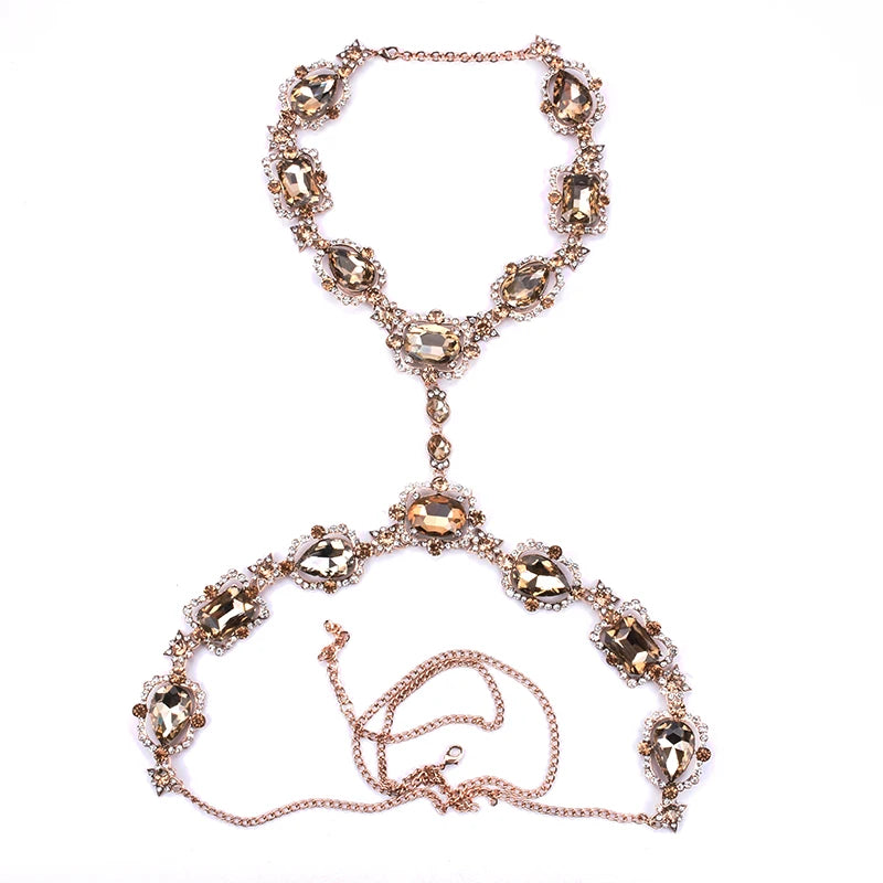 2024 New Fashion Large Glass Waist Chains Body Chains Necklace Jewelry Women Indian Statement Long Crystal Rhinestones Necklace