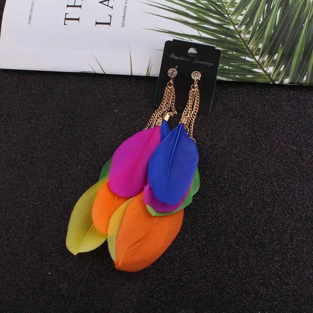 Bohemia Multicolou Feather Clip on Earrings Non Piercing