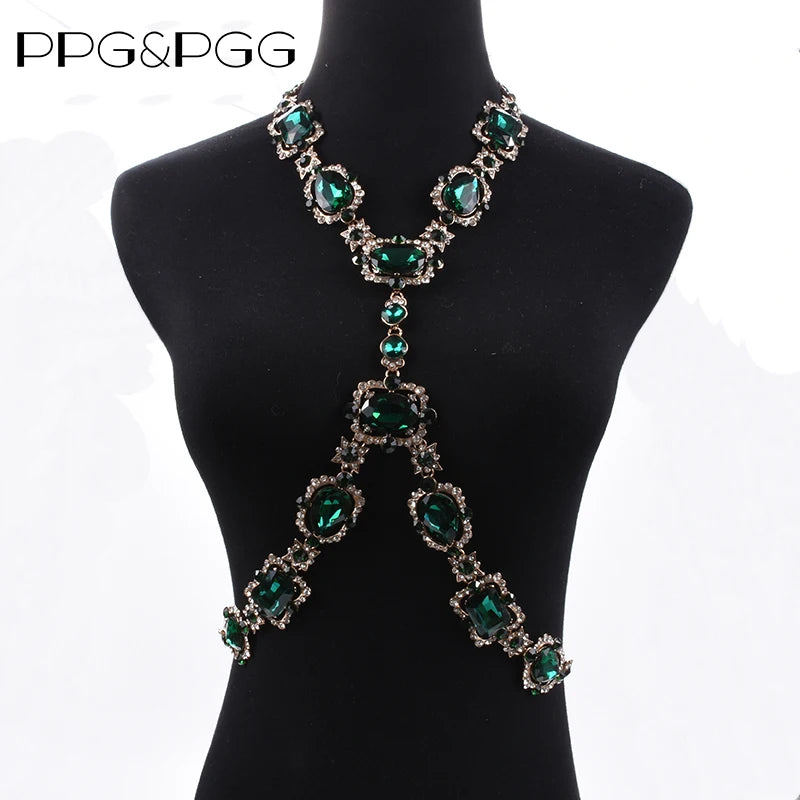 2024 New Fashion Large Glass Waist Chains Body Chains Necklace Jewelry Women Indian Statement Long Crystal Rhinestones Necklace