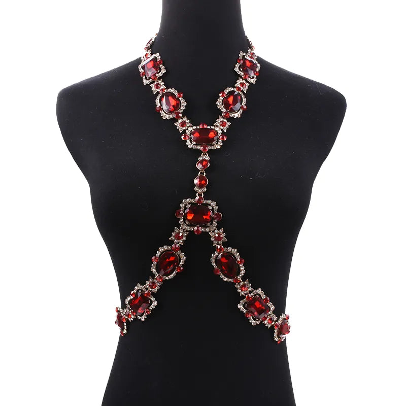 2024 New Fashion Large Glass Waist Chains Body Chains Necklace Jewelry Women Indian Statement Long Crystal Rhinestones Necklace