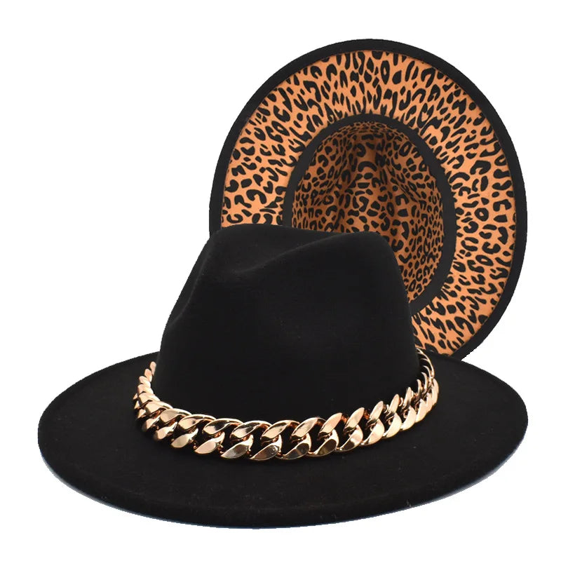 Luxary Fashion Women Fedora Hats Wide Brim Thick Gold Chain Band Felted Hat Jazz Cap Winter Autumn Panama Camel Hats Sombreros