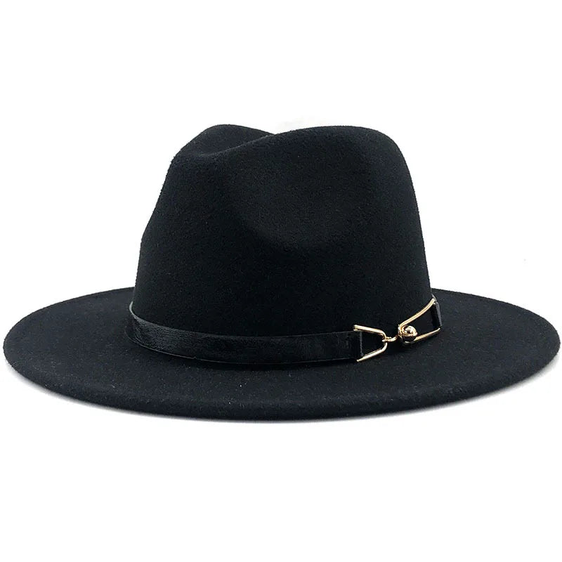 Women Winter Wide Brim Fedora Hat Black Belt With Metal Buckle Panama Fedoras Fashion Jazz Hat 56-58CM Wholesale