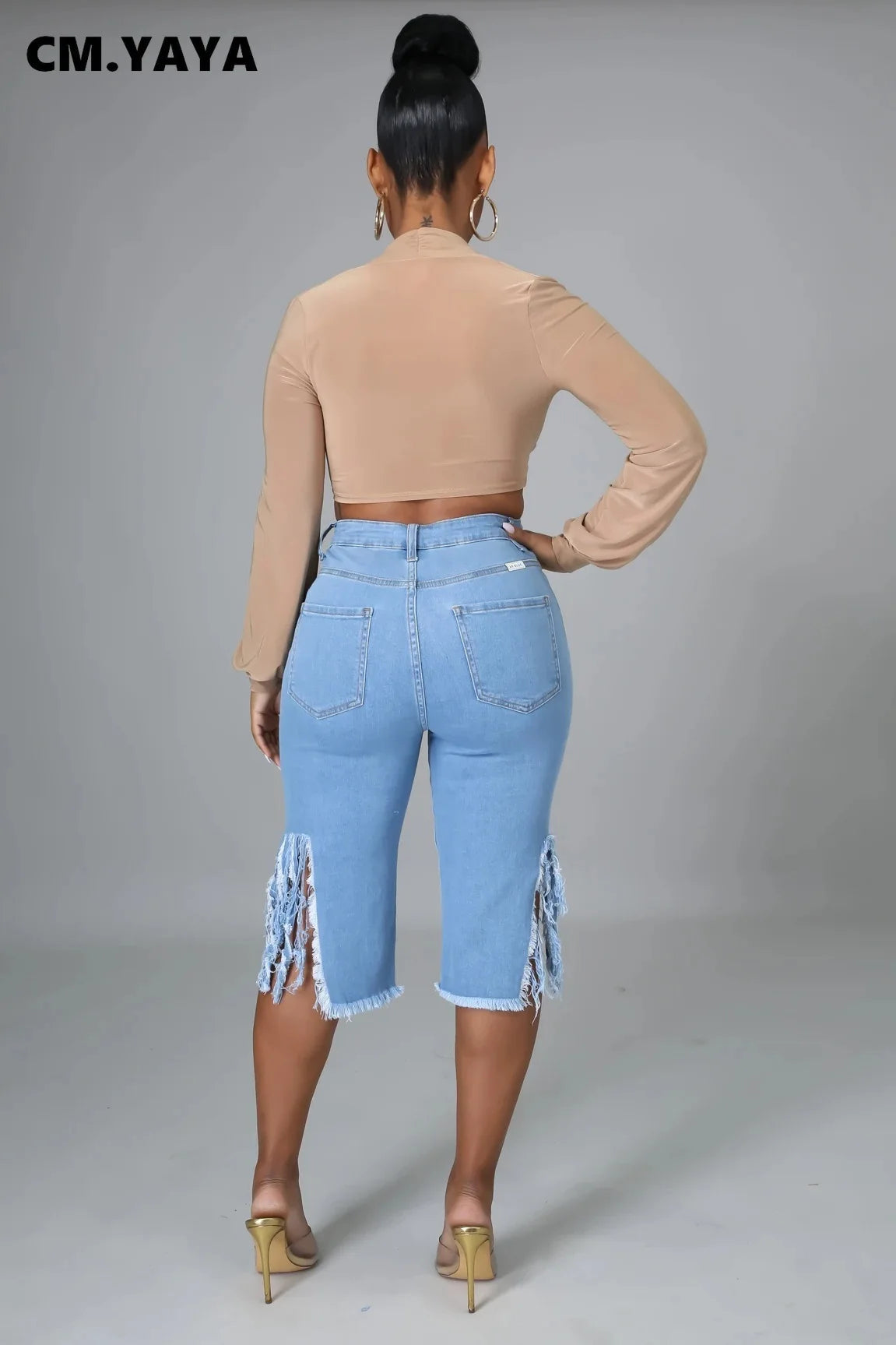 Jeans Shorts with Holes Ripped Tassle Low Waist Elastic Flare Knee Length