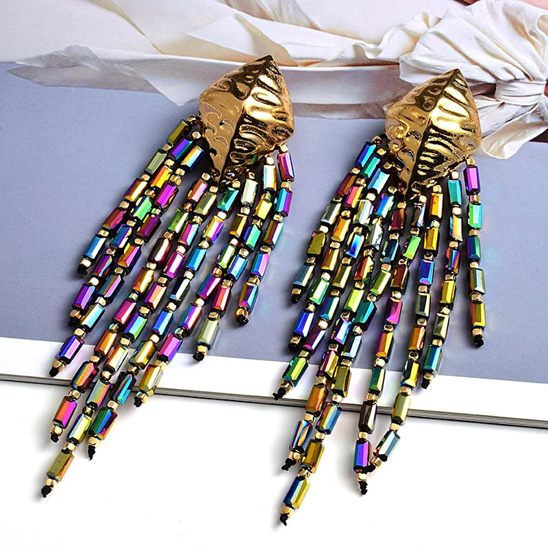 Statement Handmade Long beaded Chain Earrings High-Quality Colorful