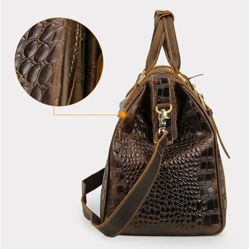 Vintage Crazy Horse Genuine Leather Mens Travel Bag With Lock Big Capacity Crocodile Travel Duffle Bag Male Carry On Luggage Bag