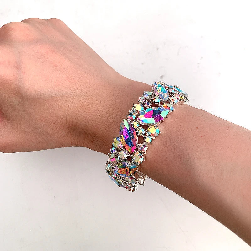 Simple AB Color Colorful Crystal Cuff Bangles Bracelet Big Wide Stretch Bangle Jewelry Gifts For Women Wedding Accesorios