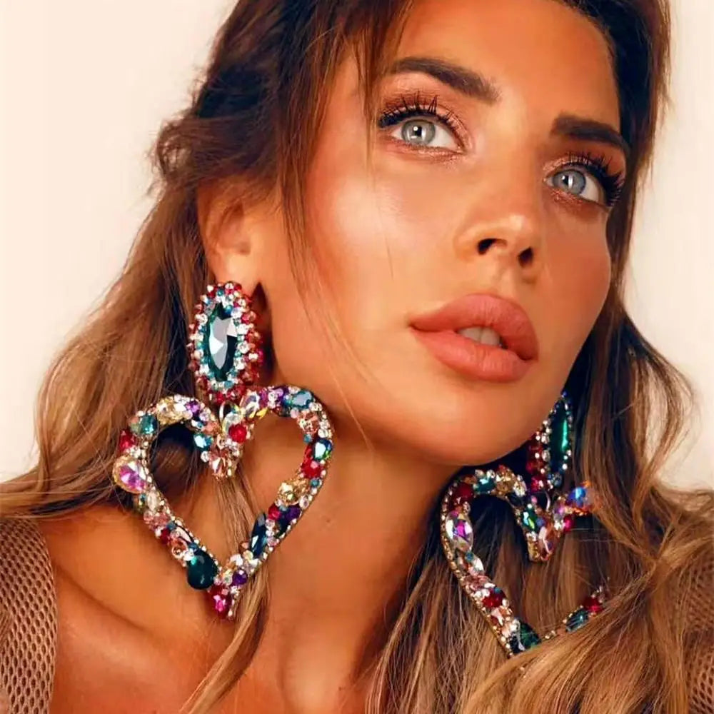 Crystal Rhinestone Heart Pendant Dangle Earrings