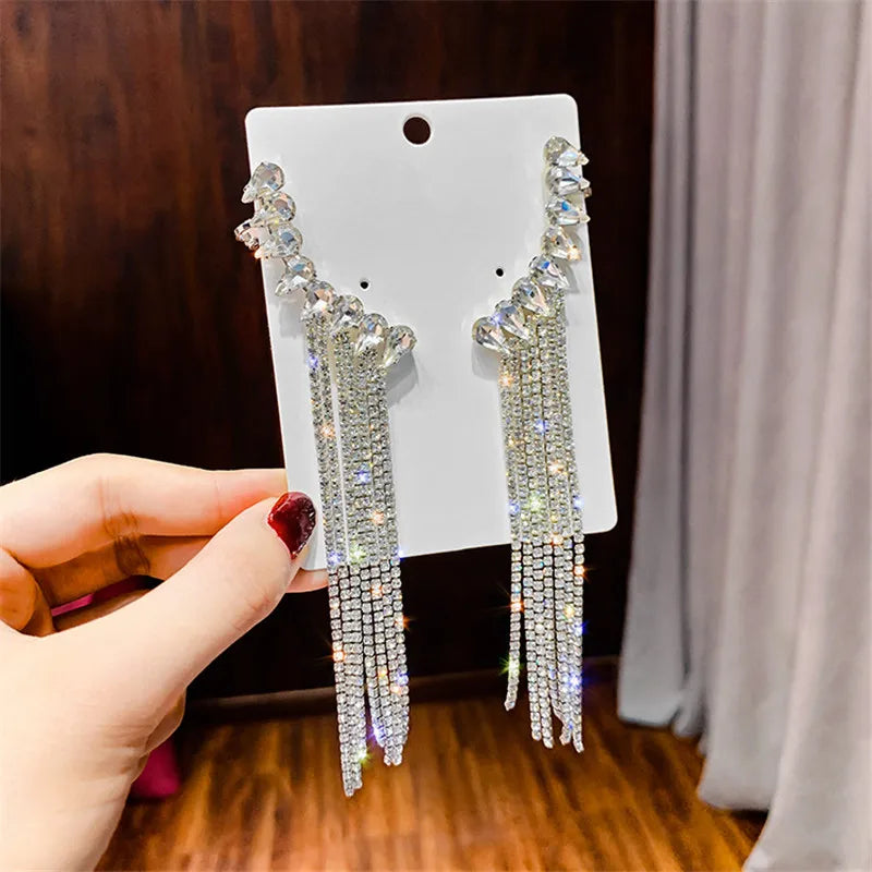 Fashion Long Tassel Full Rhinestone Drop Earrings