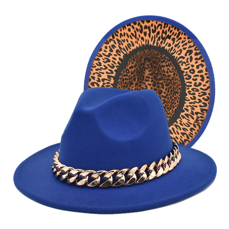 Luxary Fashion Women Fedora Hats Wide Brim Thick Gold Chain Band Felted Hat Jazz Cap Winter Autumn Panama Camel Hats Sombreros