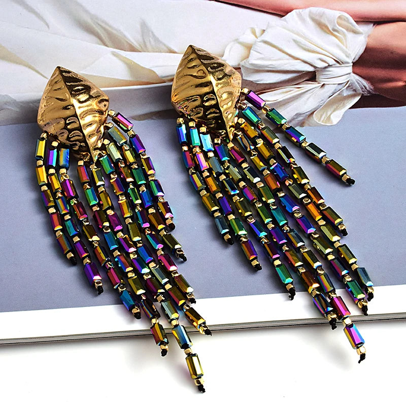 Statement Handmade Long beaded Chain Earrings High-Quality Colorful