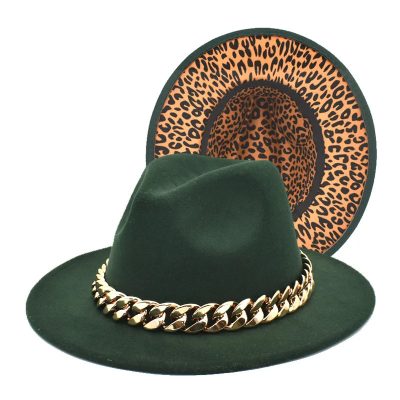 Luxary Fashion Women Fedora Hats Wide Brim Thick Gold Chain Band Felted Hat Jazz Cap Winter Autumn Panama Camel Hats Sombreros