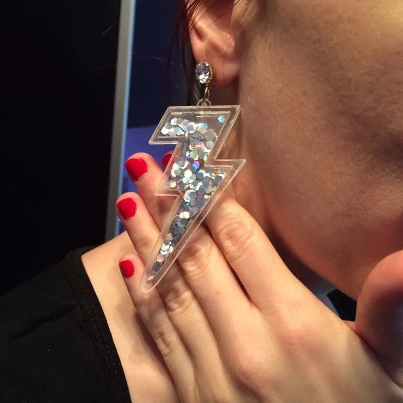 Statement Colorful Neon Shiny Glitter Iridescent Acrylic Lightning Drop Earrings