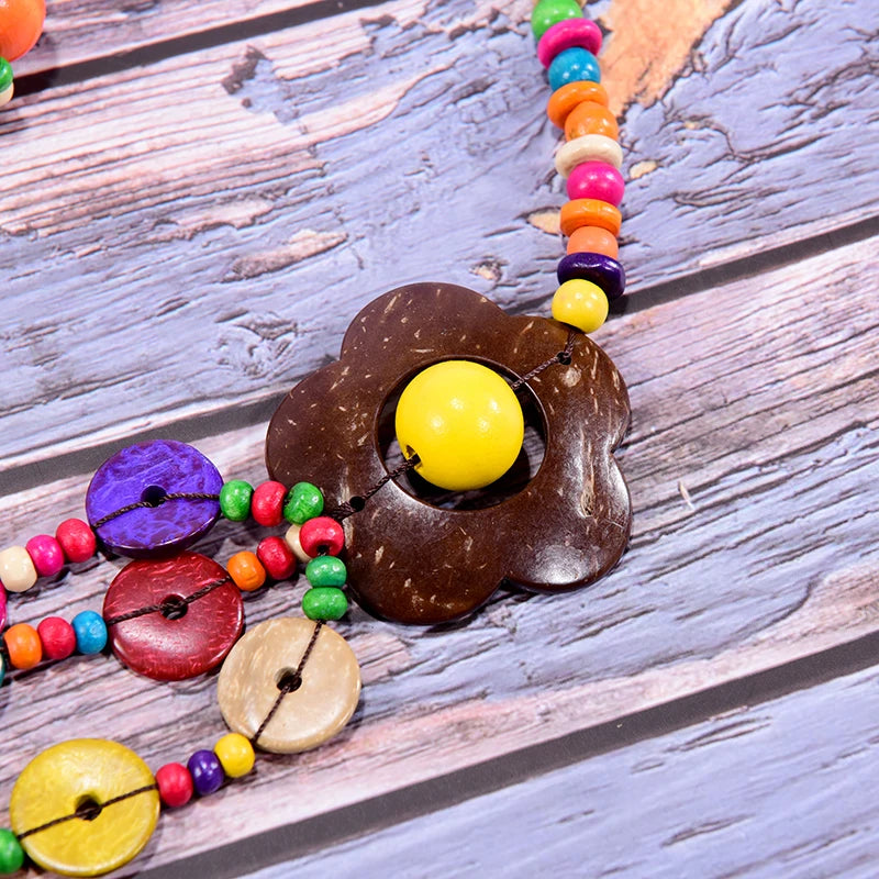 Multi Layer Handmade Wood Long Necklace For Women Big Flower Collar
