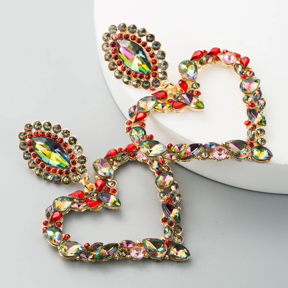 Crystal Rhinestone Heart Pendant Dangle Earrings