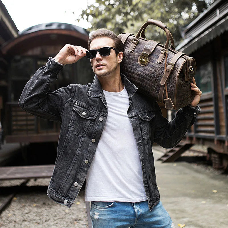 Vintage Crazy Horse Genuine Leather Mens Travel Bag With Lock Big Capacity Crocodile Travel Duffle Bag Male Carry On Luggage Bag