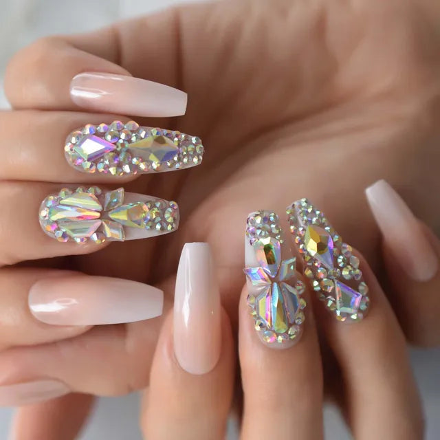 Luxury Fake Nails Designer Extra Long Ombre French Jewelry Pre-designed Nails Natural Stiletto AB Stones Decoration Tips