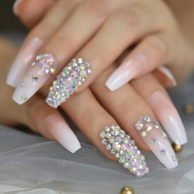 Luxury Fake Nails Designer Extra Long Ombre French Jewelry Pre-designed Nails Natural Stiletto AB Stones Decoration Tips