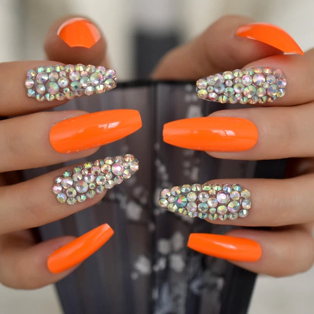 Luxury Fake Nails Designer Extra Long Ombre French Jewelry Pre-designed Nails Natural Stiletto AB Stones Decoration Tips