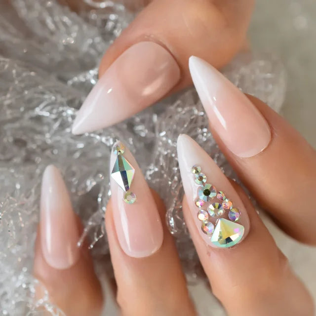 Luxury Fake Nails Designer Extra Long Ombre French Jewelry Pre-designed Nails Natural Stiletto AB Stones Decoration Tips