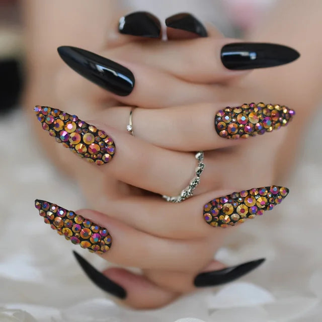 Luxury Fake Nails Designer Extra Long Ombre French Jewelry Pre-designed Nails Natural Stiletto AB Stones Decoration Tips