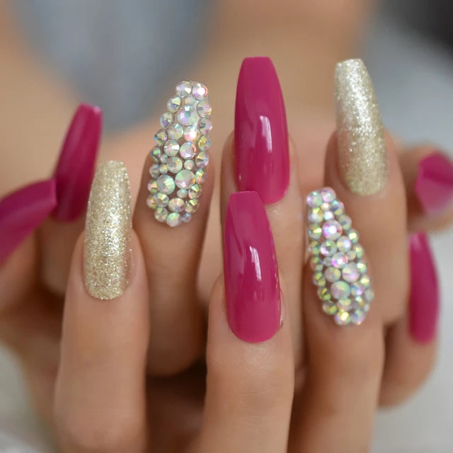 Luxury Fake Nails Designer Extra Long Ombre French Jewelry Pre-designed Nails Natural Stiletto AB Stones Decoration Tips